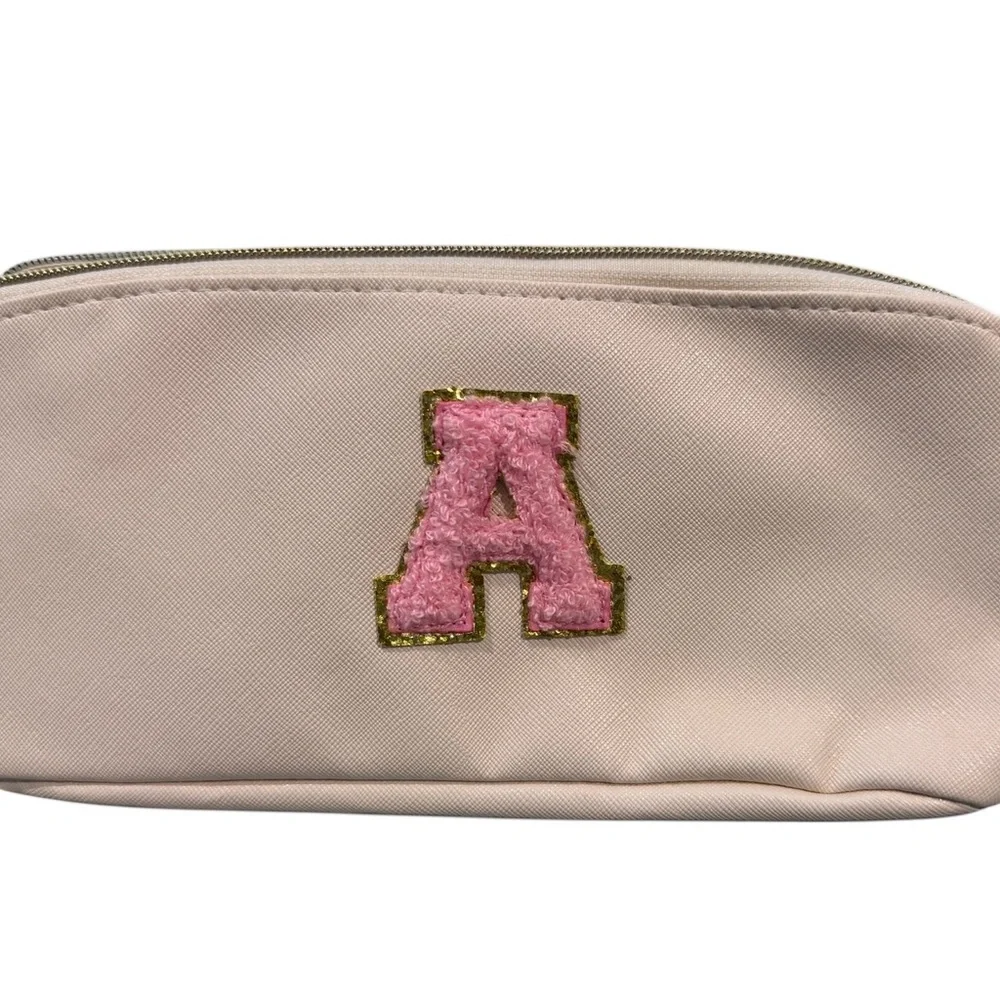 Beige Pouch Cosmetic Bag with Pink Initial A , multiple pocket organizer